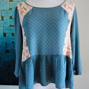 Free People Boho Turquoise 3/4 Sleeve Paisley Top